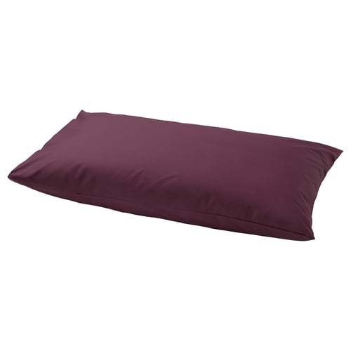 Dark red pillowcase, rectangular shape, crisp material, smooth texture.