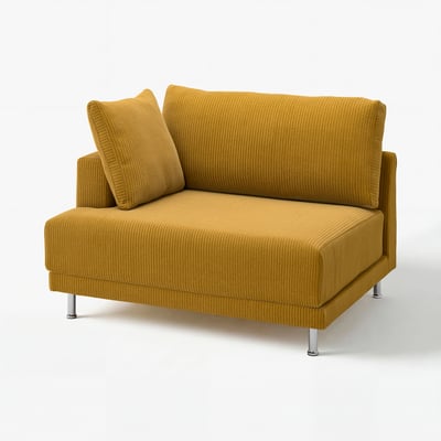 Golden-yellow UPPÅKRA sofa, sleek design, plush cushions, chrome legs.