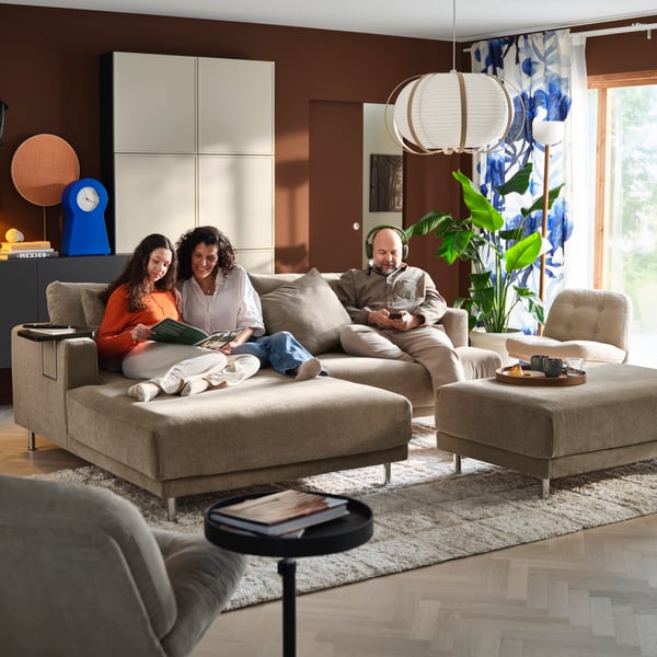 UPPÅKRA 3-seat modular sofa, with chaise longue, left with footstool/Samsala grey-beige