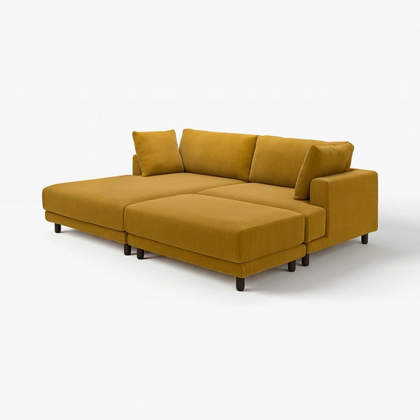 Mustard yellow UPPÅKRA sectional sofa, modern design with wooden legs, plush cushions, and clean lines.