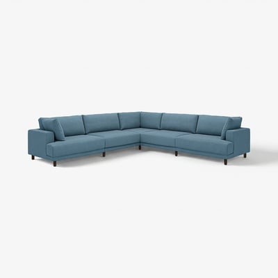 UPPÅKRA blue sectional sofa with modern, sleek design, deep seats, and dark wooden legs.
