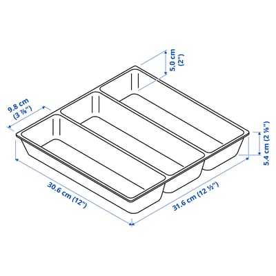 A white plastic cutlery tray named UPPDATERA with three compartments. Its rectangular, designed to organise kitchen utensils and has rounded corners.