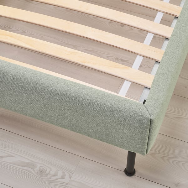 VADHEIM Upholstered bed frame, Gunnared light green, Standard Double