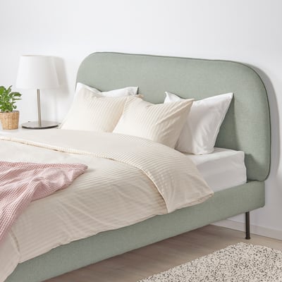 VADHEIM Upholstered bed frame, Gunnared light green, Standard Double
