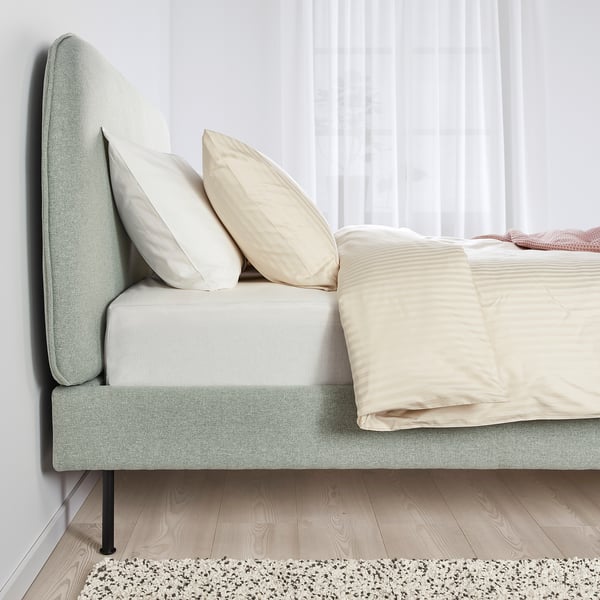 VADHEIM Upholstered bed frame, Gunnared light green, Standard Double