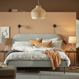 VADHEIM Upholstered bed frame, Gunnared light green, Standard Double