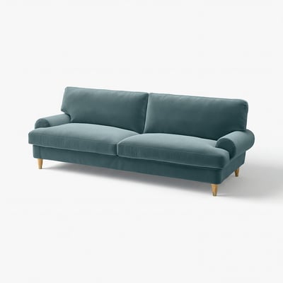 Teal velvet sofa: VALNÄS, plush, rounded edges, brass legs, soft seat, earthy feel.