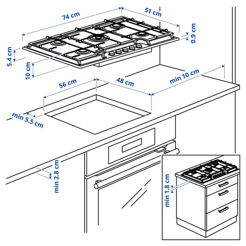VASASTAN Gas hob, IKEA 700 glass/black, 74 cm
