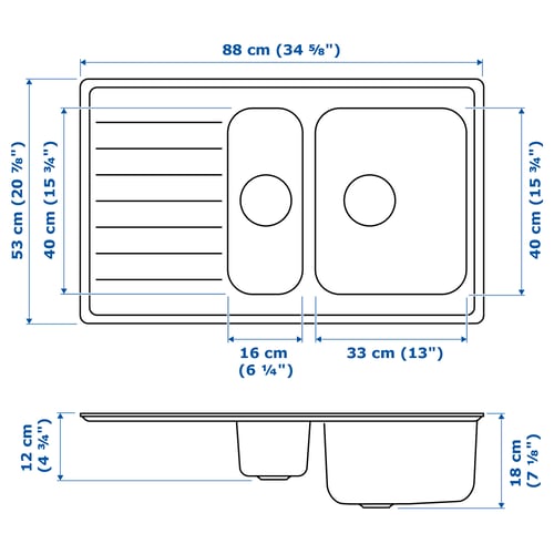 VATTUDALEN Inset sink, 1 ½ bowl w drainboard, stainless steel, 88x53 cm
