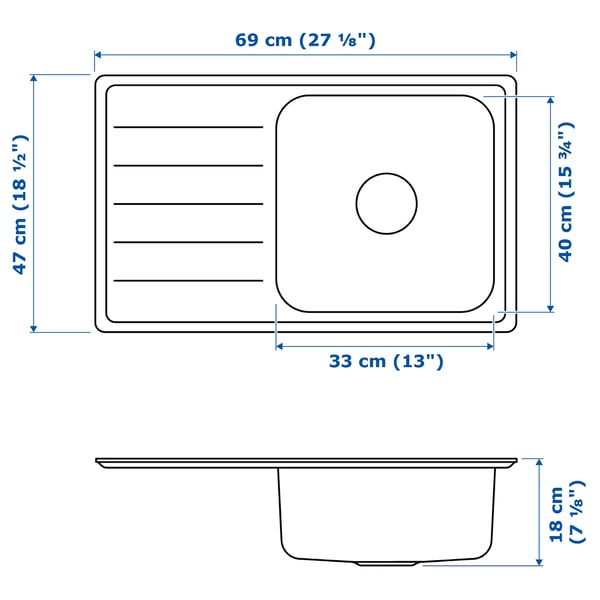 VATTUDALEN Inset sink, 1 bowl with drainboard, stainless steel, 69x47 cm