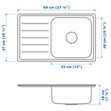 VATTUDALEN Inset sink, 1 bowl with drainboard, stainless steel, 69x47 cm