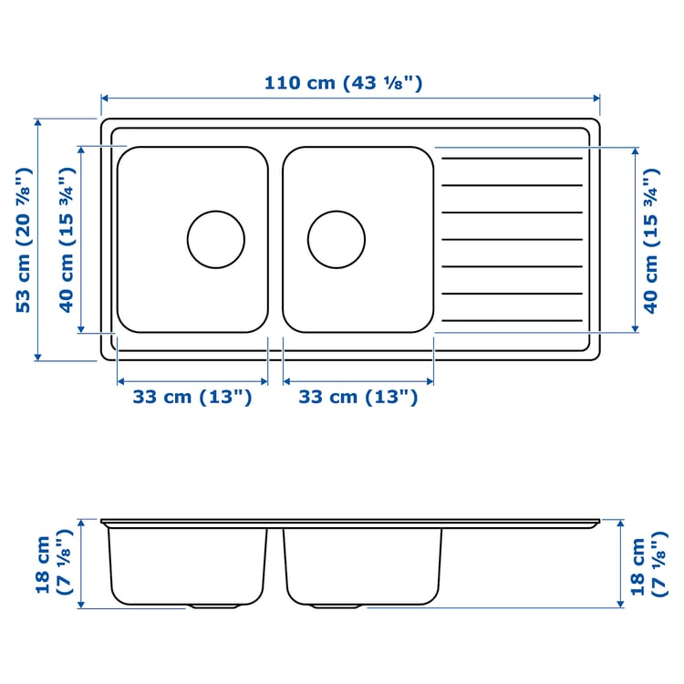 VATTUDALEN inset sink, 2 bowls with drainboard, stainless steel, 110x53