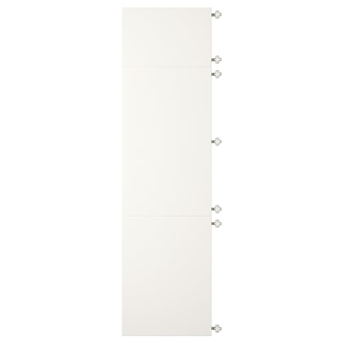 White VEDDINGE cabinet doors with nickel-plated hinges, rectangular shape, simple design.