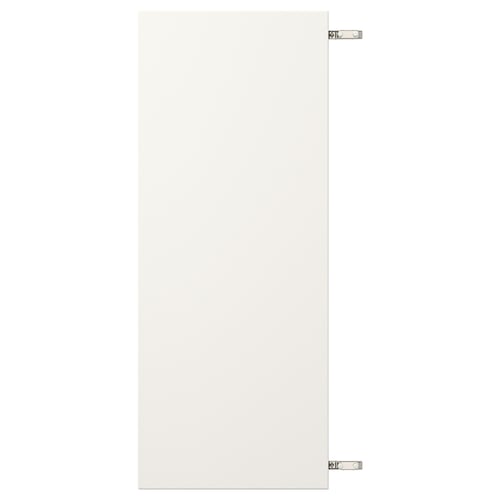 White cabinet door, rectangular, fiberboard with a polyurethane and acrylic paint finish, featuring two nickel-plated hinges.