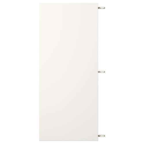 White VEDDINGE cabinet door with three hinges. Sleek, modern fiberboard design.