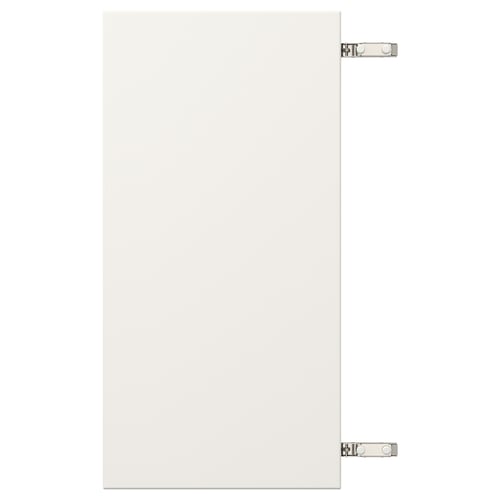 A white VEDDINGE cabinet door with steel hinges.