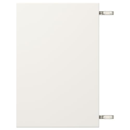 White cabinet door with two silver hinges.