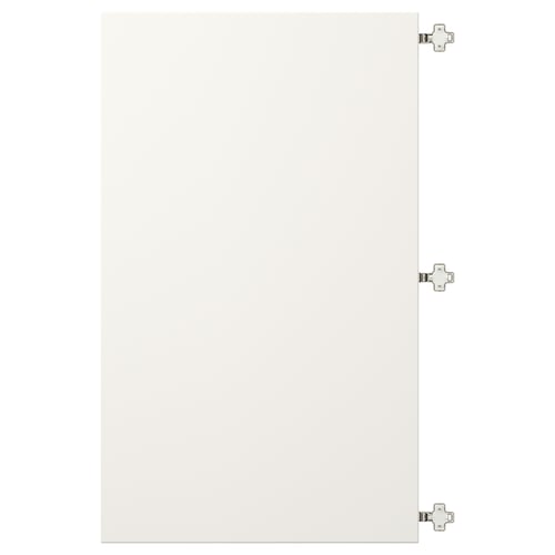 White cabinet door, three attached hinges, rectangular shape.