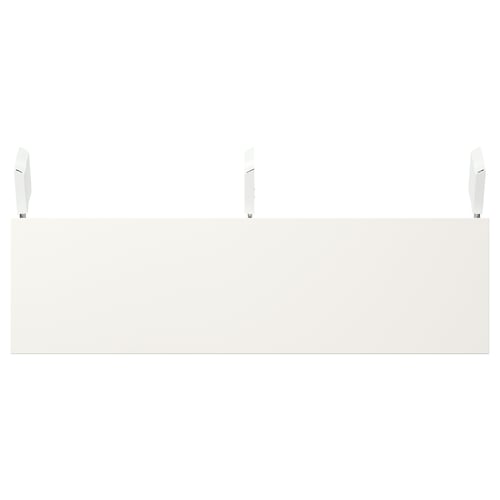 Three white drawers with black handles, aligned.