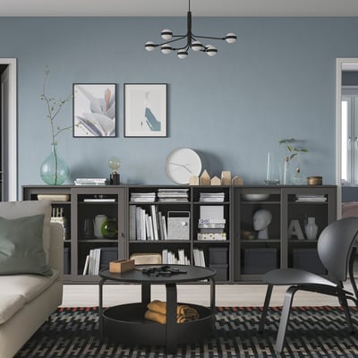 VIHALS Storage combination w glass doors, dark grey/clear glass, 285x37x90 cm