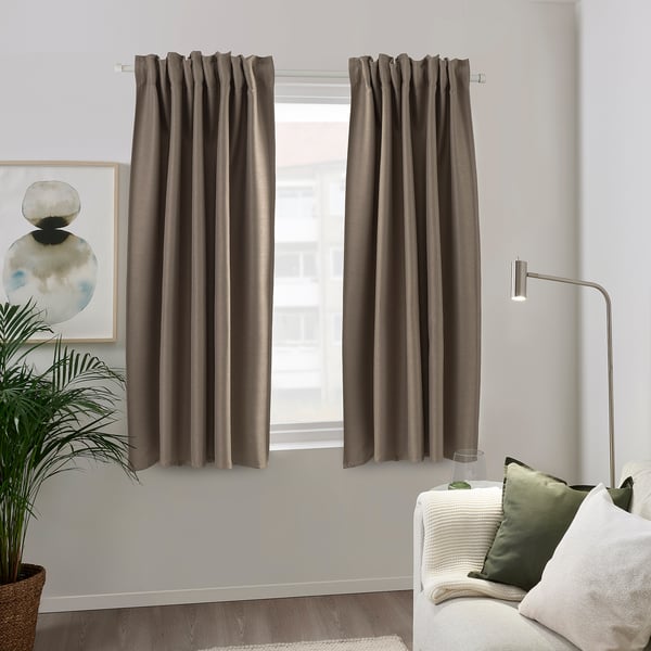 VILBORG Room darkening curtains, 1 pair, dark grey-beige/with heading tape, 145x137 cm