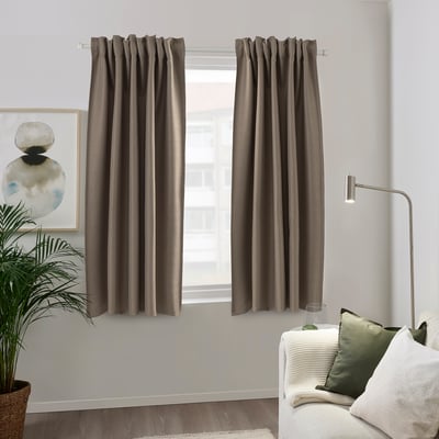 VILBORG Room darkening curtains, 1 pair, dark grey-beige/with heading tape, 145x137 cm