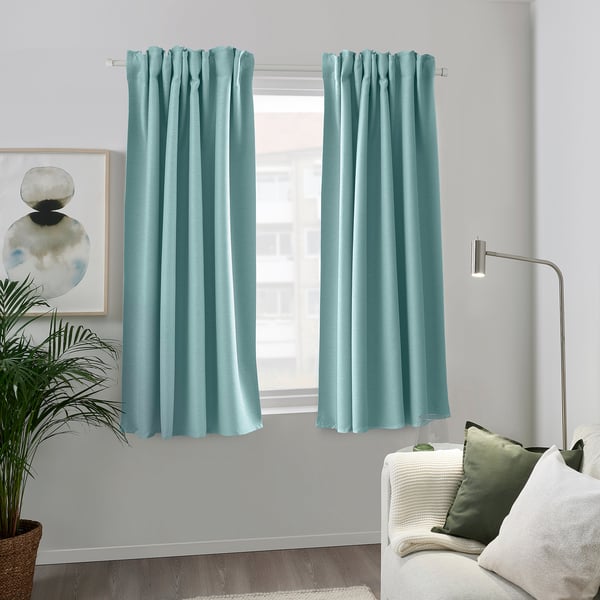 VILBORG Room darkening curtains, 1 pair, white/turquoise/with heading tape, 145x137 cm