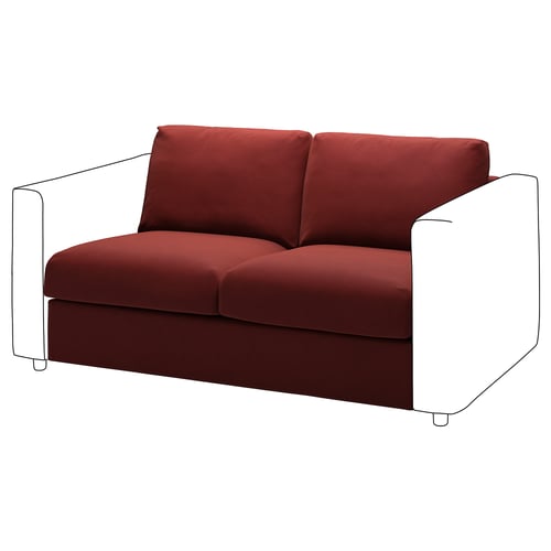 Red VIMLE sofa, modern design, upholstered in recycling velvet, white metal legs.