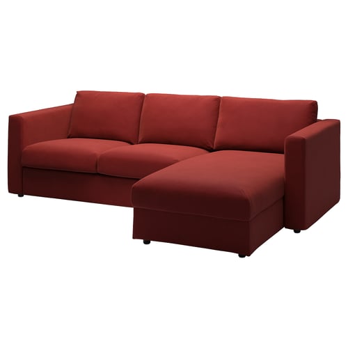 A red VIMLE sectional sofa-bed with a chaise longue, featuring a modern design and sturdy build.