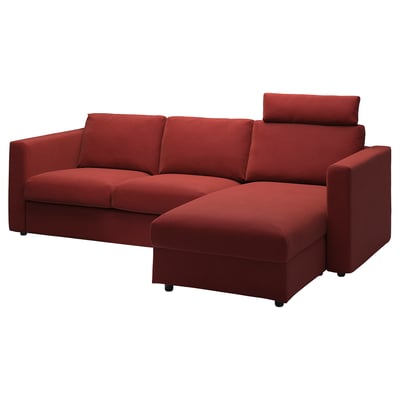 VIMLE 3-seat sofa with chaise longue, with headrest Djuparp/red-brown