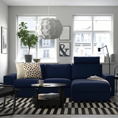 VIMLE 3-seat sofa with chaise longue, with headrest with wide armrests/Djuparp dark blue