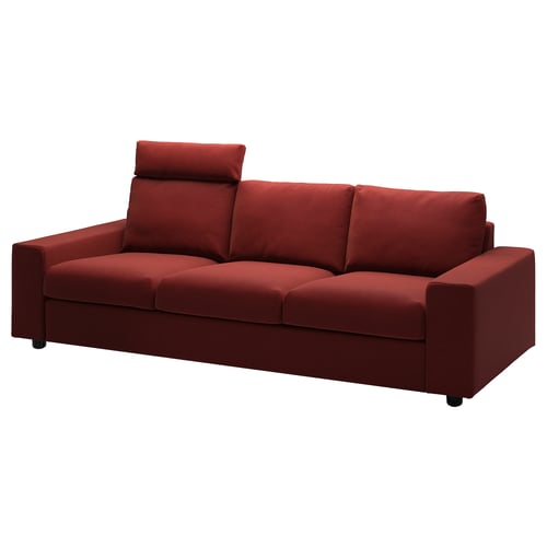 Red fabric sofa with two headrests, rectangular shape, and simple design.