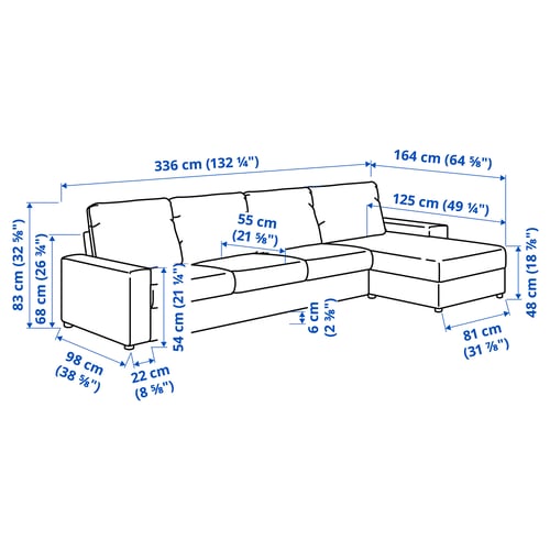 VIMLE 4 seater sofa with chaise longue, with wide armrests, Gunnared