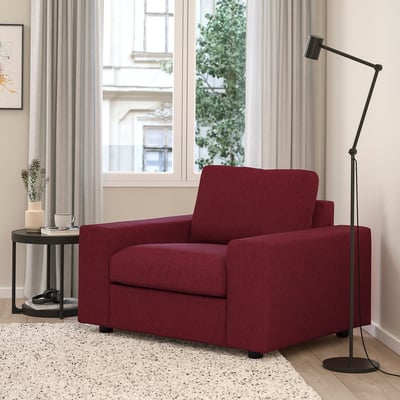 VIMLE Armchair, with wide armrests/Lejde red/brown