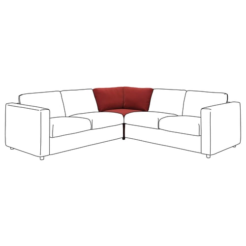 A modern corner sofa, VIMLE series, primarily white with a red cushion, featuring clean lines and a minimalist design.