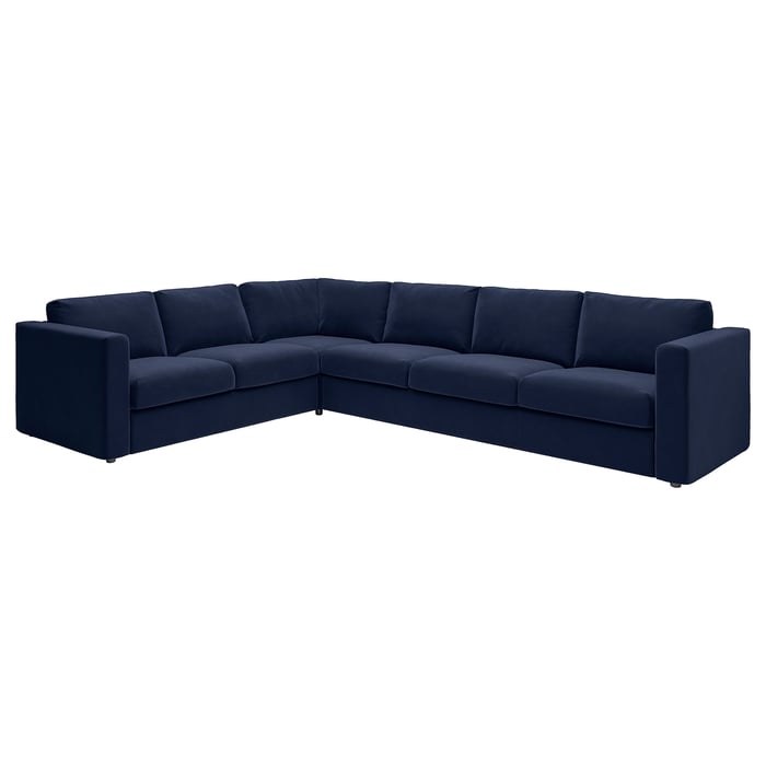 VIMLE corner sofa, 5 seater, Djuparp dark blue velvet IKEA