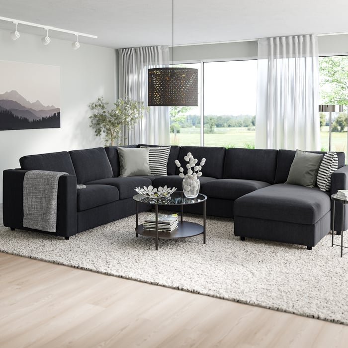 VIMLE corner sofa, 5 seater with chaise longue, Saxemara blackblue IKEA