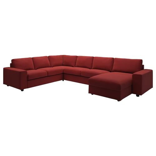 VIMLE, red l-shaped sofa, fabric. Modern, modular design with multiple cushions, ideal for relaxation.