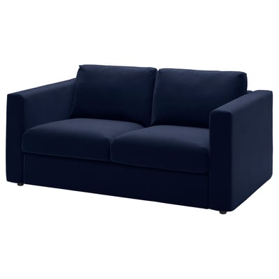 A stylish, dark blue VIMLE loveseat with a sleek, modern design, consisting of two cushioned seats and high arms.