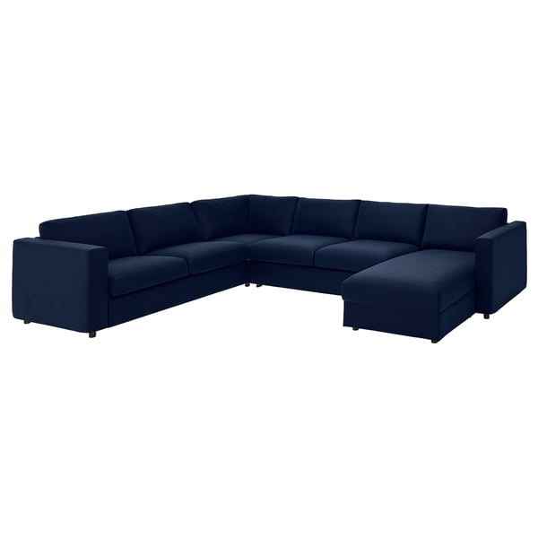 VIMLE Crnr sofa-bed, 5-seat w chaise lng, Djuparp dark blue