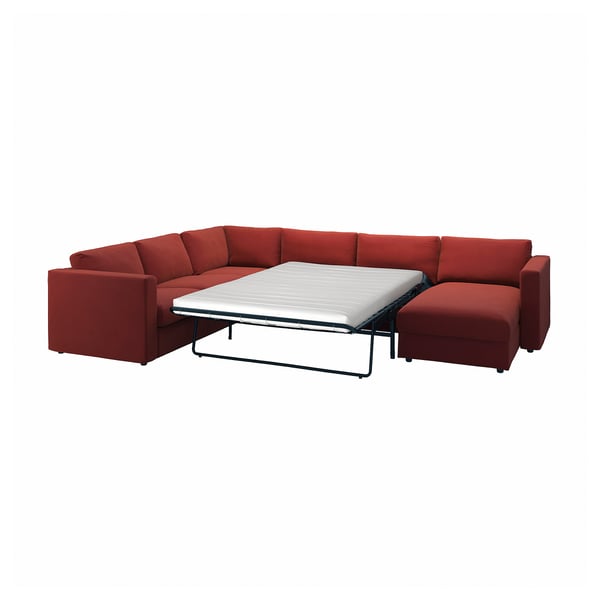 VIMLE Crnr sofa-bed, 5-seat w chaise lng, Djuparp red-brown
