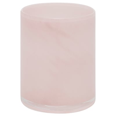 Pink glass candle holder, round shape, frosted design.