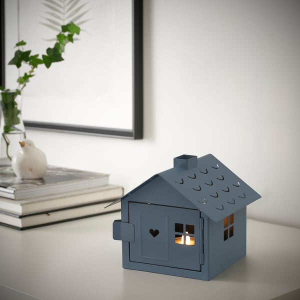 VINTERFEST Tealight holder, house/light blue, 14 cm IKEA