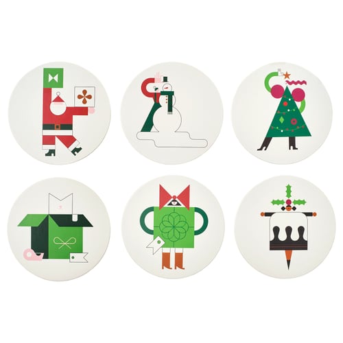 Six colourful holiday illustrations in circles; includes santa, snowman, christmas tree, house, gift, cake.