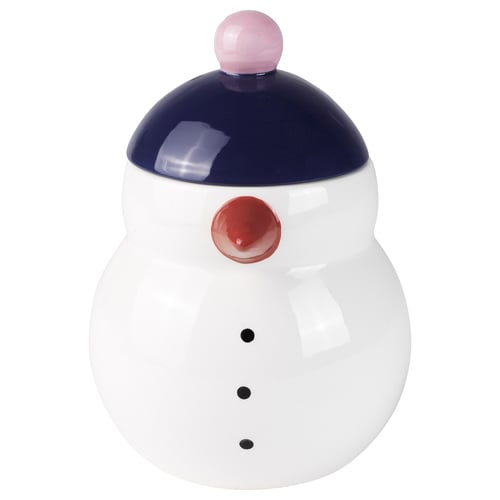 VINTERFINT snowman cookie jar, white with red button & black dots, ceramic.