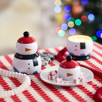 VINTERFINT Scented candle in tin, set of 2, snowman candy cane/white