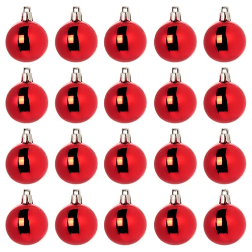 Twenty red round christmas ornaments, shiny, with silver caps, arranged in rows. Perfect for traditional holiday decor.