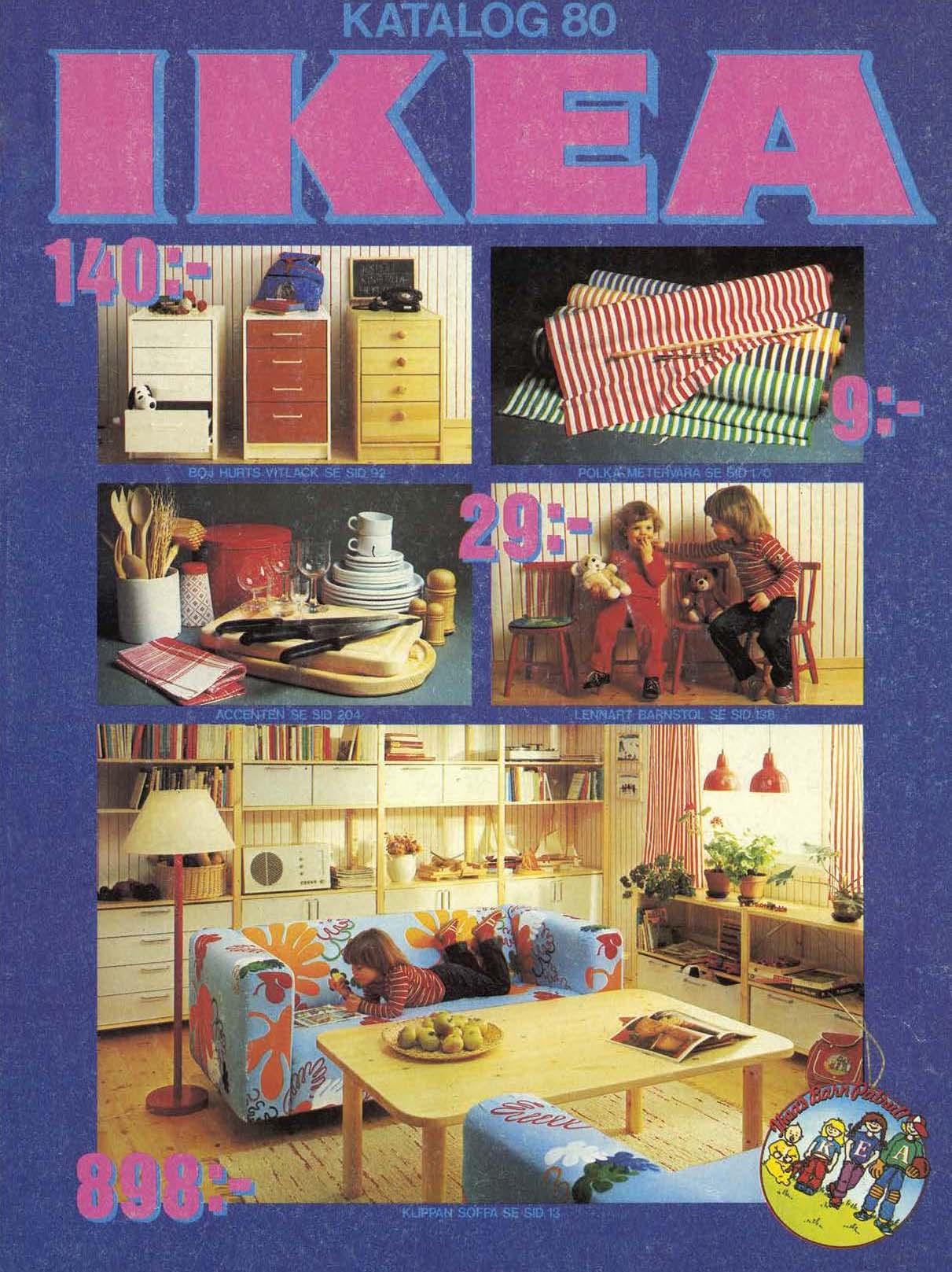 The cover of the 1980 IKEA catalogue, showing images of products and rooms, with pink text.