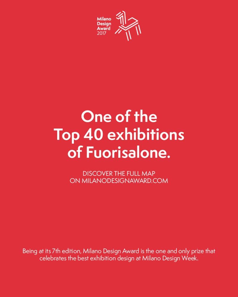 Red background with white text reading "One of the Top 30 exhibitions of Fuorisalone".