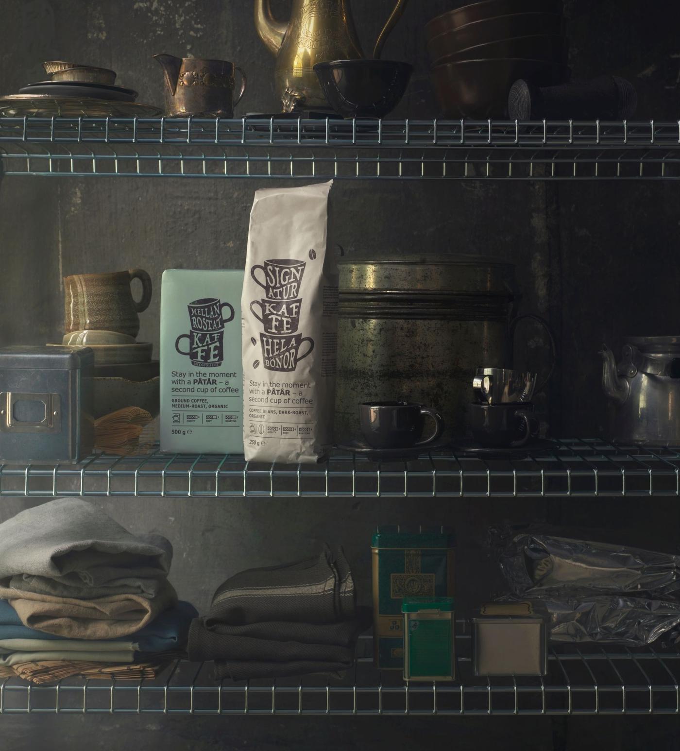 Packages of PÅTÅR coffee on a shelf.